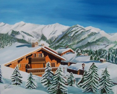 Painting titled "Paysage de neige" by Françoise Collin, Original Artwork, Oil