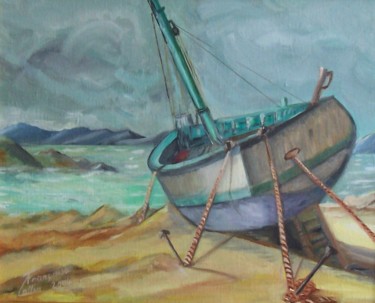 Painting titled "La barque échouée" by Françoise Collin, Original Artwork, Oil