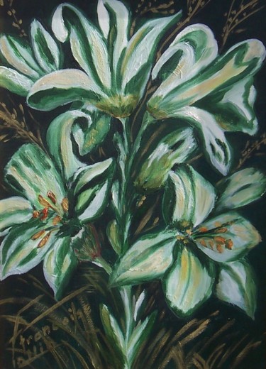 Malerei mit dem Titel "Le lys vert" von Françoise Collin, Original-Kunstwerk, Öl