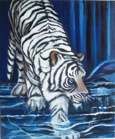 Painting titled "le tigre bleu" by Françoise Collin, Original Artwork, Oil