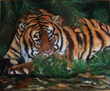 Painting titled "repos attentif" by Françoise Collin, Original Artwork, Oil