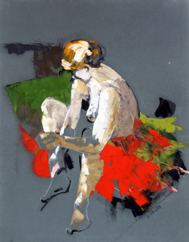 Painting titled "NU À LA JUPE ROUGE" by Jean-Paul Schmitt, Original Artwork, Oil