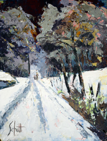Painting titled "Chemin d'hiver à la…" by Jean-Paul Schmitt, Original Artwork, Acrylic Mounted on Wood Panel
