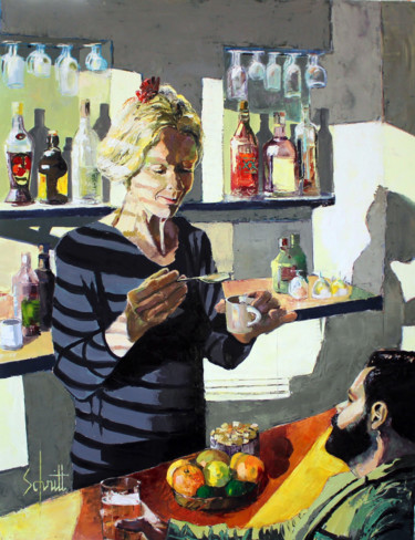 Pintura intitulada "CAFÉ XX (Bar à la c…" por Jean-Paul Schmitt, Obras de arte originais, Óleo