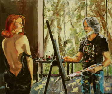 Painting titled "DANS L'ATELIER" by Jean-Paul Schmitt, Original Artwork, Oil Mounted on Wood Stretcher frame