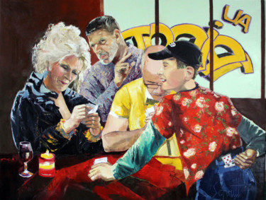 Painting titled "CAFÉ XXXIX (Chez Me…" by Jean-Paul Schmitt, Original Artwork, Oil Mounted on Wood Stretcher frame