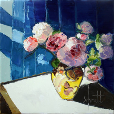 Painting titled "AUX PIVOINES II" by Jean-Paul Schmitt, Original Artwork, Oil Mounted on Wood Stretcher frame