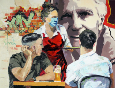 Painting titled "CAFÉ XLIV (Au portr…" by Jean-Paul Schmitt, Original Artwork, Oil Mounted on Wood Stretcher frame