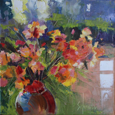 Painting titled "FLEURS EN VASE PRÈS…" by Jean-Paul Schmitt, Original Artwork, Oil Mounted on Wood Stretcher frame