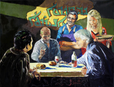 Painting titled "CAFÉ XLIX (Chez Mer…" by Jean-Paul Schmitt, Original Artwork, Oil Mounted on Wood Stretcher frame