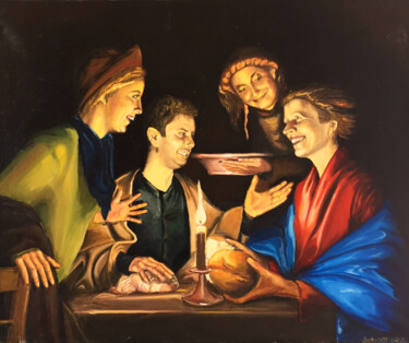 Painting titled "LE REPAS À EMMAÜS (…" by Jean-Paul Schmitt, Original Artwork, Oil Mounted on Wood Stretcher frame