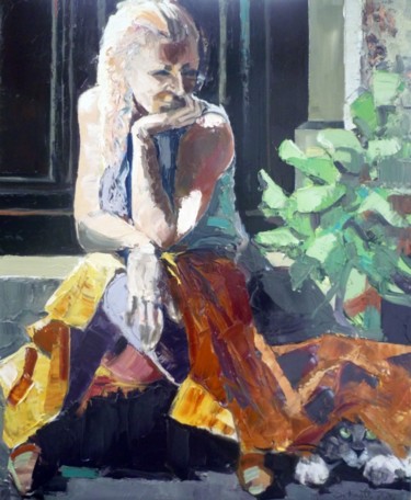 Painting titled "Anne au portail" by Jean-Paul Schmitt, Original Artwork, Oil Mounted on Wood Stretcher frame
