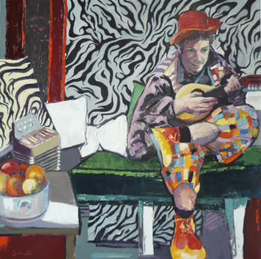 Schilderij getiteld "Clown musicien" door Jean-Paul Schmitt, Origineel Kunstwerk, Olie