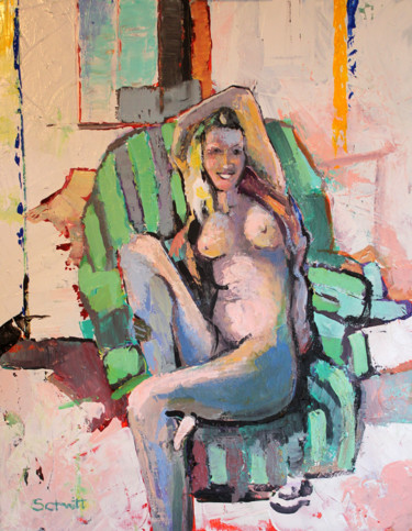 Pintura titulada "Nu au fauteuil vert…" por Jean-Paul Schmitt, Obra de arte original, Acrílico