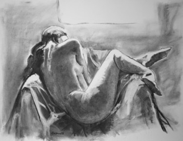 Dibujo titulada "Nu au fauteuil en n…" por Jean-Paul Schmitt, Obra de arte original, Carbón