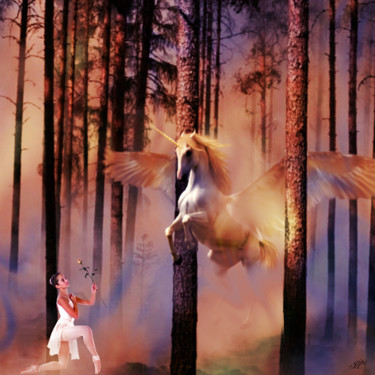 Arts numériques intitulée "La licorne et le pe…" par Jean-Pierre Gueret, Œuvre d'art originale, Photo montage