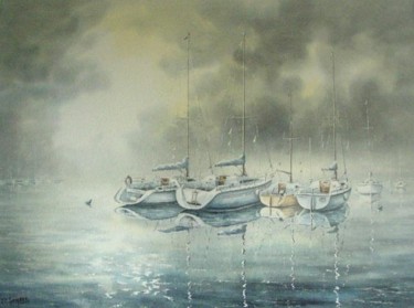 Painting titled "Brume sur le port" by Jean Pierre Gamard, Original Artwork