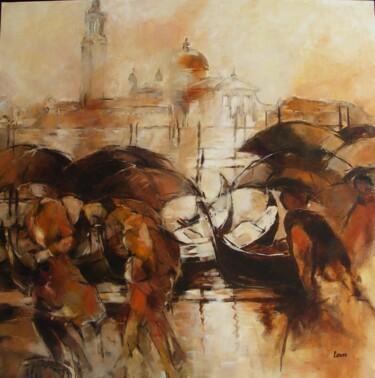 Painting titled "Parapluies à Venise" by Jean-Pierre Lenas, Original Artwork, Oil Mounted on artwork_cat.