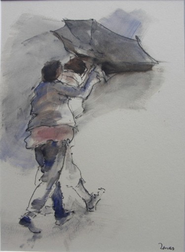 Рисунок под названием "Parapluie retourné" - Jean-Pierre Lenas, Подлинное произведение искусства