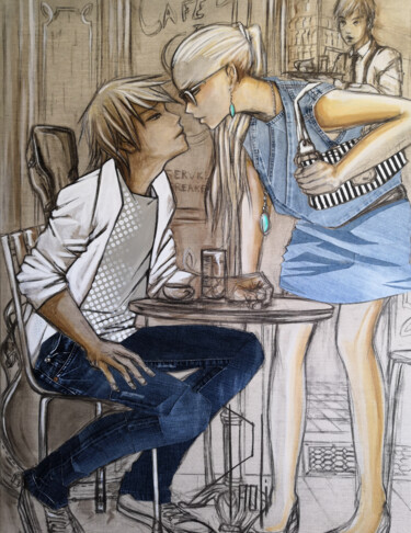 Textile Art titled "Rencontre au café" by Jeansart, Original Artwork, Charcoal Mounted on Wood Stretcher frame