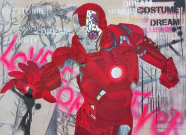 Arte textil titulada "Iron man" por Jeansart, Obra de arte original, Collages Montado en Bastidor de camilla de madera