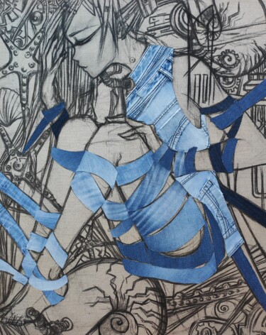 Art textile intitulée "Ô" par Jeansart, Œuvre d'art originale, Fusain Monté sur Châssis en bois