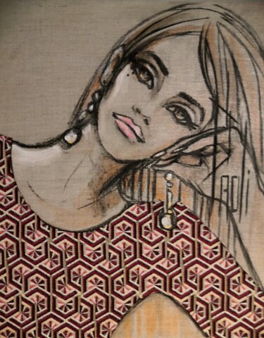 Textile Art titled "Sabrina" by Jeansart, Original Artwork, Charcoal Mounted on Wood Stretcher frame
