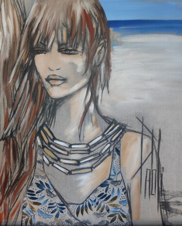 Painting titled "La plage" by Jeansart, Original Artwork, Oil Mounted on Wood Stretcher frame