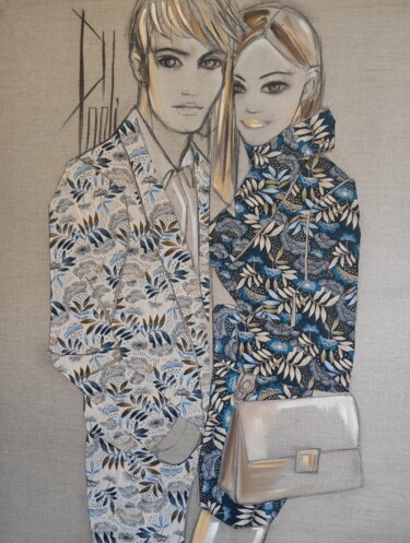 Textilkunst mit dem Titel "The Koople" von Jeansart, Original-Kunstwerk, Stoff Auf Keilrahmen aus Holz montiert