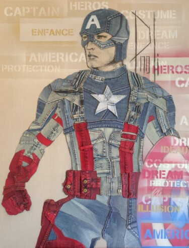 Arte tessile intitolato "Captain America" da Jeansart, Opera d'arte originale, Tessuto Montato su Telaio per barella in legno