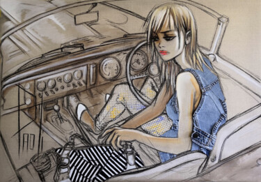 "Girl in a car" başlıklı Tekstil Sanatı Jeansart tarafından, Orijinal sanat, Kolaj Ahşap Sedye çerçevesi üzerine monte edilm…