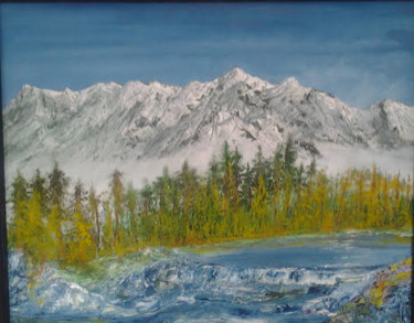 Painting titled "Montagne en création" by Jeff Guesnon, Original Artwork, Oil