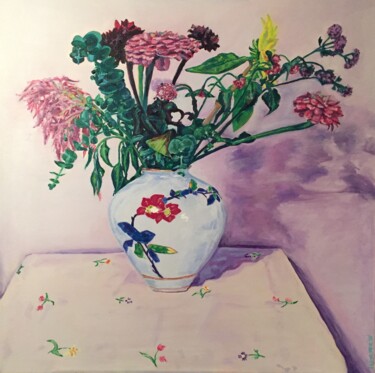 「Flowers in vase」というタイトルの絵画 Jeffry Burkeによって, オリジナルのアートワーク, オイル ウッドストレッチャーフレームにマウント