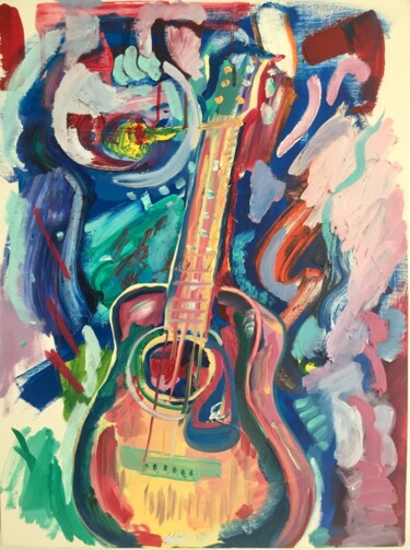 Картина под названием "Moonlight and guitar" - Jeffry Burke, Подлинное произведение искусства, Масло Установлен на Деревянна…