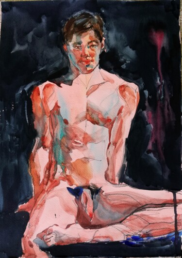 Painting titled "Male Nude" by Jelena Djokic, Original Artwork, Watercolor