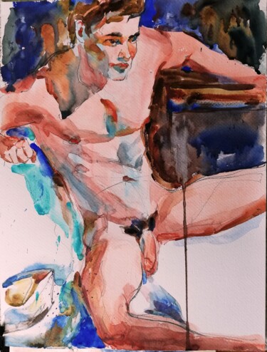 Painting titled "Male Nude with Hat" by Jelena Djokic, Original Artwork, Watercolor