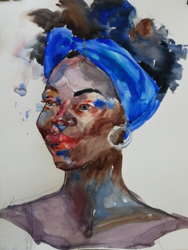 Peinture intitulée "Blue Hair" par Jelena Djokic, Œuvre d'art originale, Aquarelle