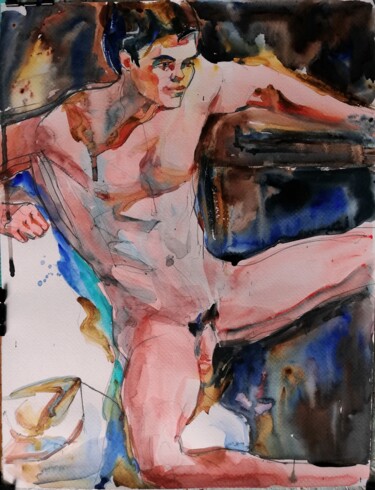 Peinture intitulée "Male Nude with Hat,…" par Jelena Djokic, Œuvre d'art originale, Aquarelle