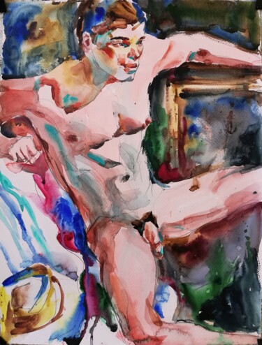 Painting titled "Male Nude with Hat,…" by Jelena Djokic, Original Artwork, Watercolor