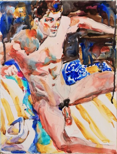 Ζωγραφική με τίτλο "Male Nude with Hat…" από Jelena Djokic, Αυθεντικά έργα τέχνης, Ακουαρέλα
