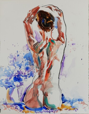 Painting titled "Nude with Lilacs" by Jelena Djokic, Original Artwork, Watercolor