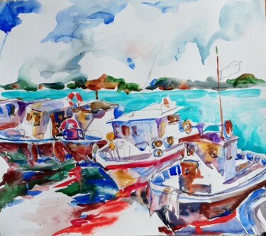 Malerei mit dem Titel "Greek Harbor" von Jelena Djokic, Original-Kunstwerk, Aquarell