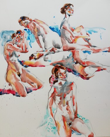 Painting titled "Bathers' Joy" by Jelena Djokic, Original Artwork, Watercolor