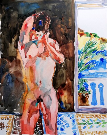 Malerei mit dem Titel "Beach House II" von Jelena Djokic, Original-Kunstwerk, Aquarell