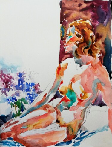 Malerei mit dem Titel "Nude with Lilac II" von Jelena Djokic, Original-Kunstwerk, Aquarell