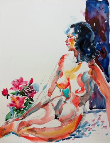 Malerei mit dem Titel "Nude with Roses" von Jelena Djokic, Original-Kunstwerk, Aquarell