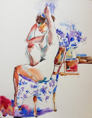 Malerei mit dem Titel "Nude with Lilac III" von Jelena Djokic, Original-Kunstwerk, Aquarell