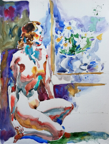 Painting titled "Nude with Bouquet V" by Jelena Djokic, Original Artwork, Watercolor