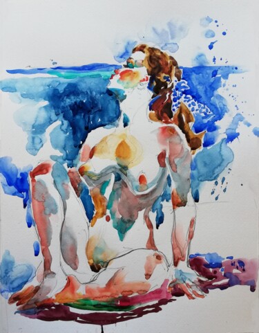 Painting titled "On the Beach" by Jelena Djokic, Original Artwork, Watercolor