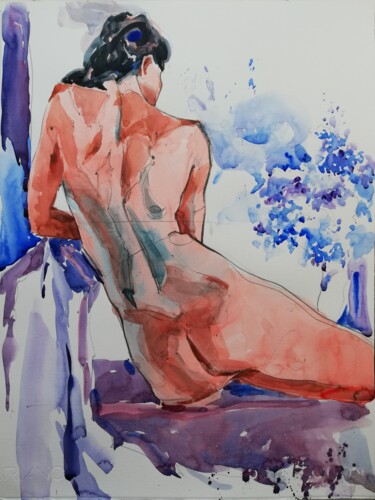 Painting titled "Nude with Bouquet VI" by Jelena Djokic, Original Artwork, Watercolor